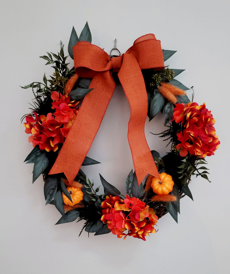 18" Fall Hydrangea and Pumpkin Wreath
